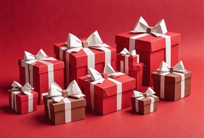 The primary subject of the image is a collection of red and white gift boxes. These boxes are arranged in a visually appealing manner, with some placed on a red surface, while others are stacked on top of each other. The setting appears to be a festive or celebratory environment, with the gift boxes serving as the main focus of the scene. The visual style of the image is a combination of photo and digital art, creating a vibrant and eye-catching display. The colors and mood of the image are pre
